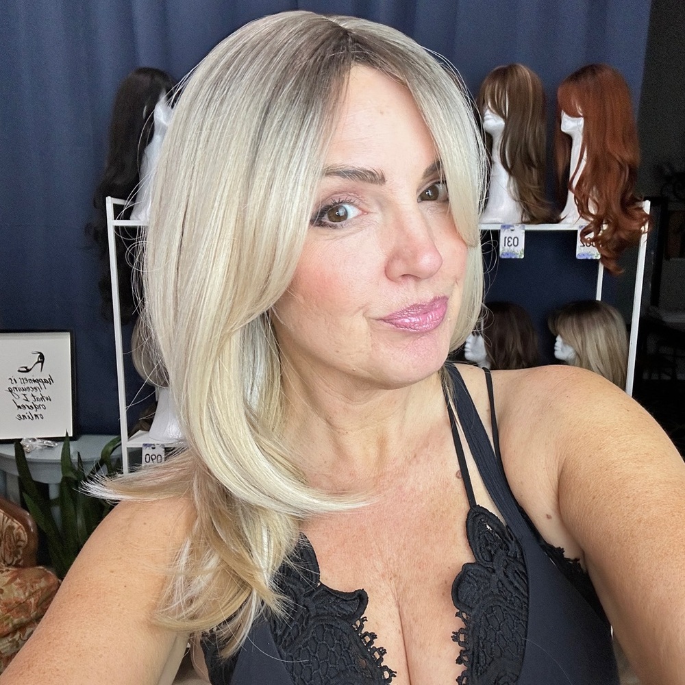 125 “the Missy” Ombré dark Rooted Blonde bang Bob Full Synthetic Wig 18”